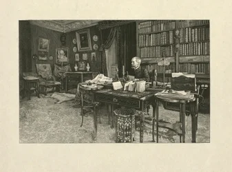 Gaston Tissandier, French balloonist, seated at a desk in his study, 1880-1900